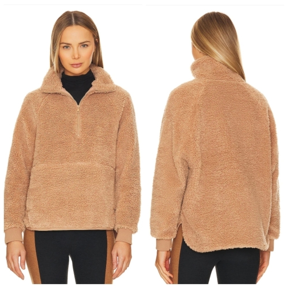 New Beyond Yoga Take Flight High Pile Fleece Half Zip Front Camel Pullover NWT
